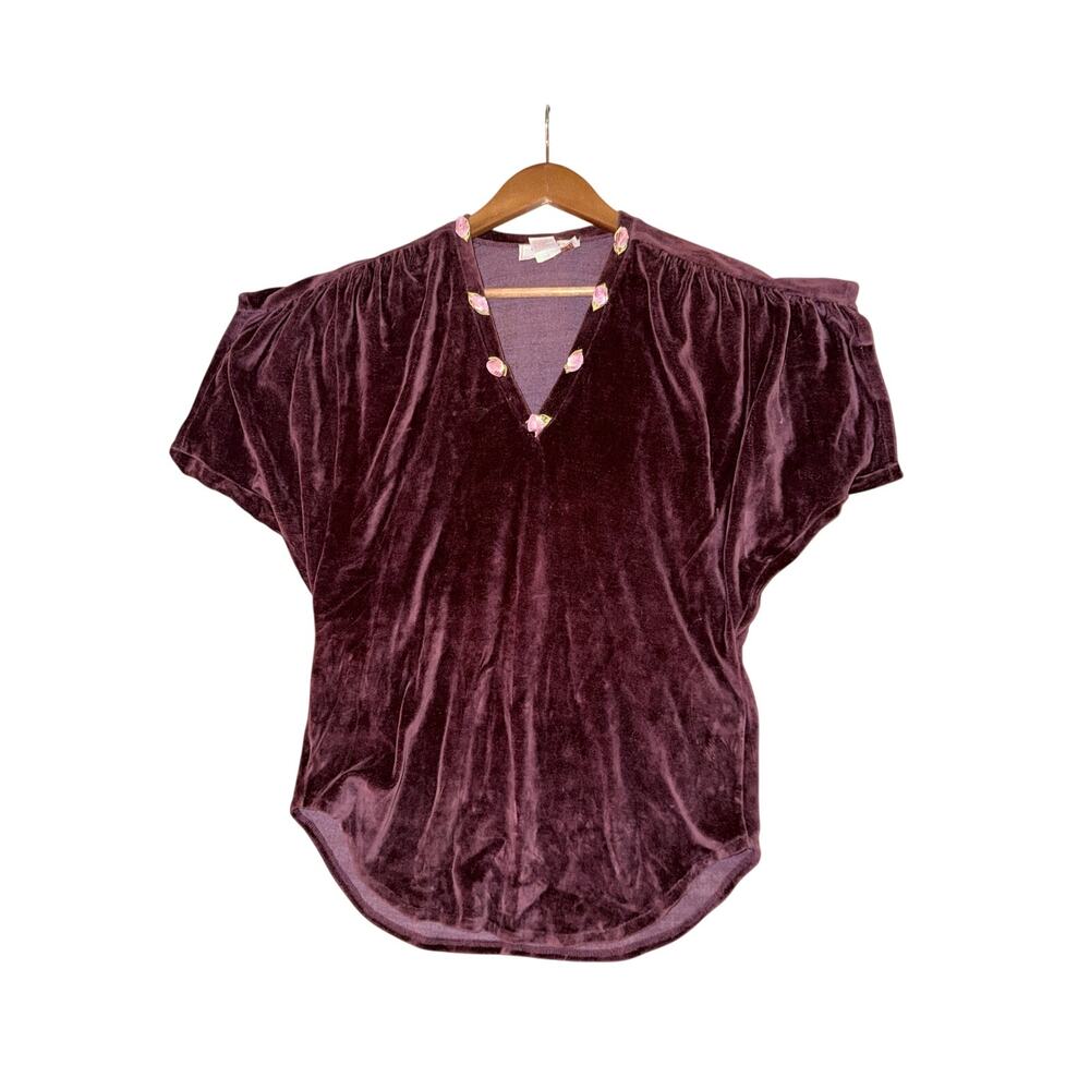 Vintage country craft cotton nylon velvet ruched sleeve vneck top rosettes med